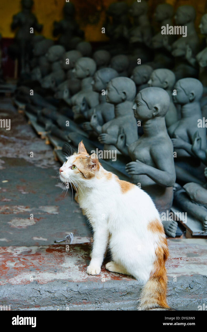 India, West Bengal, Kolkata, Calcutta, Kumartuli district, clay idols of Hindu gods and goddesses statue, Durga Puja festival Stock Photo