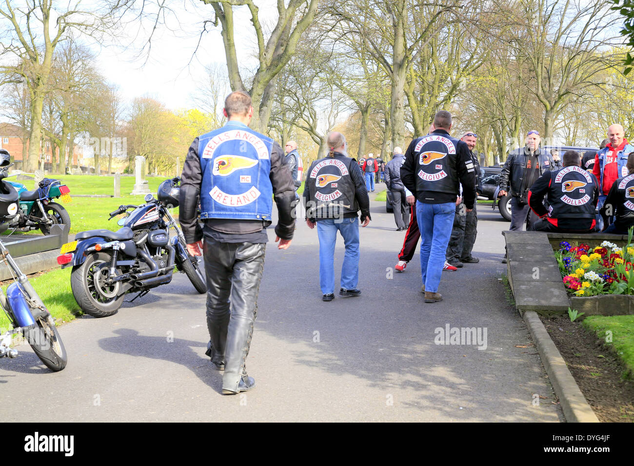 Groups of International Hells Angels meeting to pay respect at the funeral of a chapter president. Stock Photo