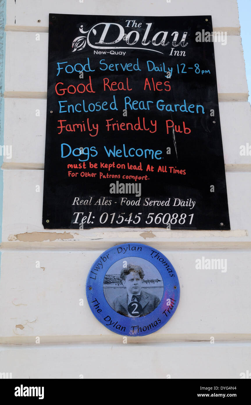 Plaque of the Dylan Thomas trail on the walls of the Douau  Inn New Quay Ceredigion Wales cCmru UK GB Stock Photo