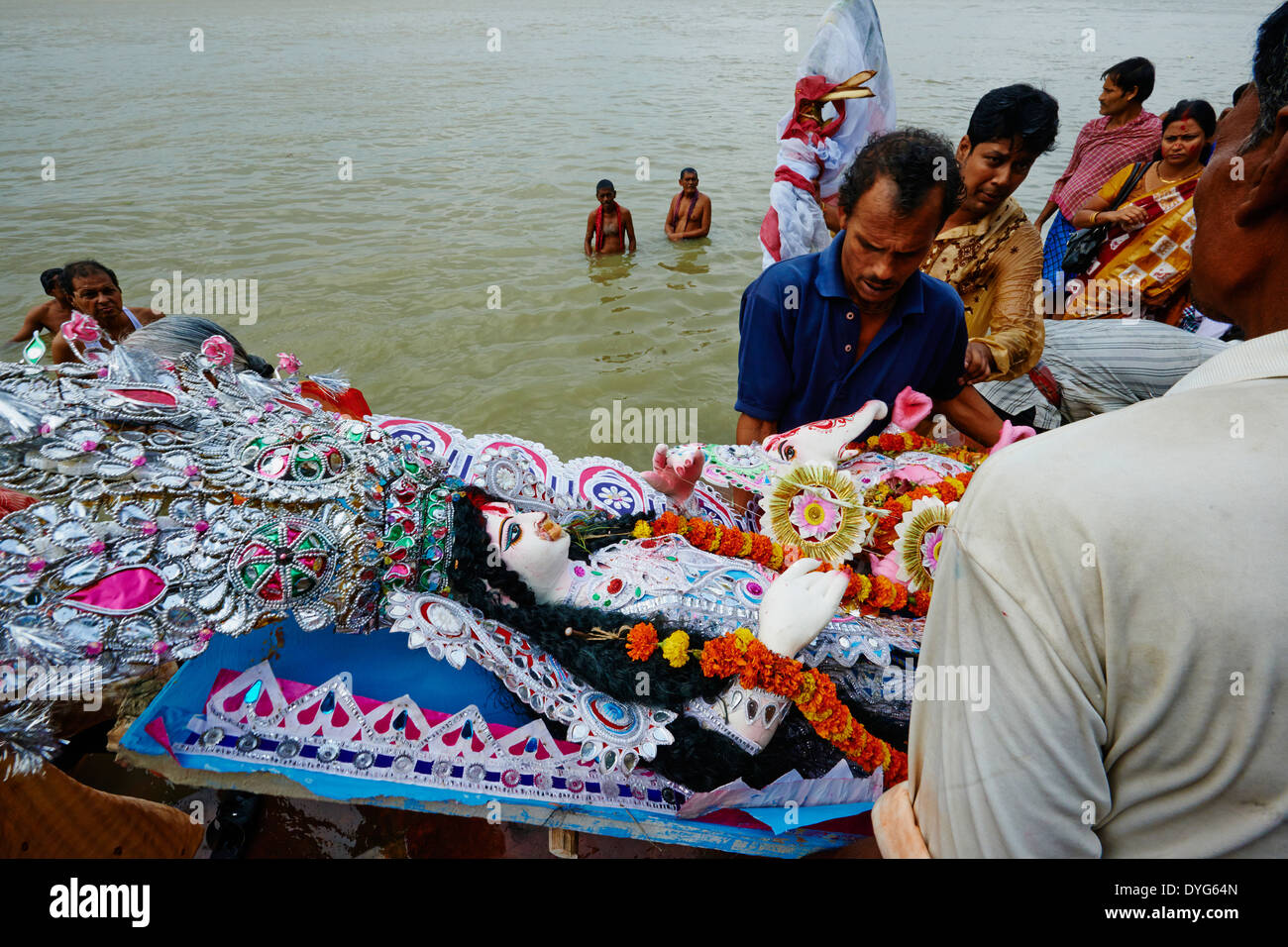 India, West Bengal, Kolkata, Calcutta, at the end of Durga Puja the idols are thrown out to the Hooghly river Stock Photo