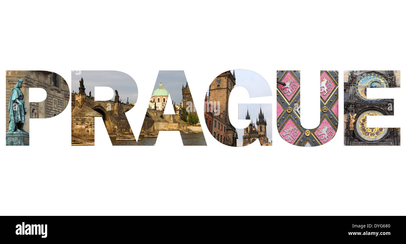 Prague text written with pictures of landmarks Stock Photo Alamy