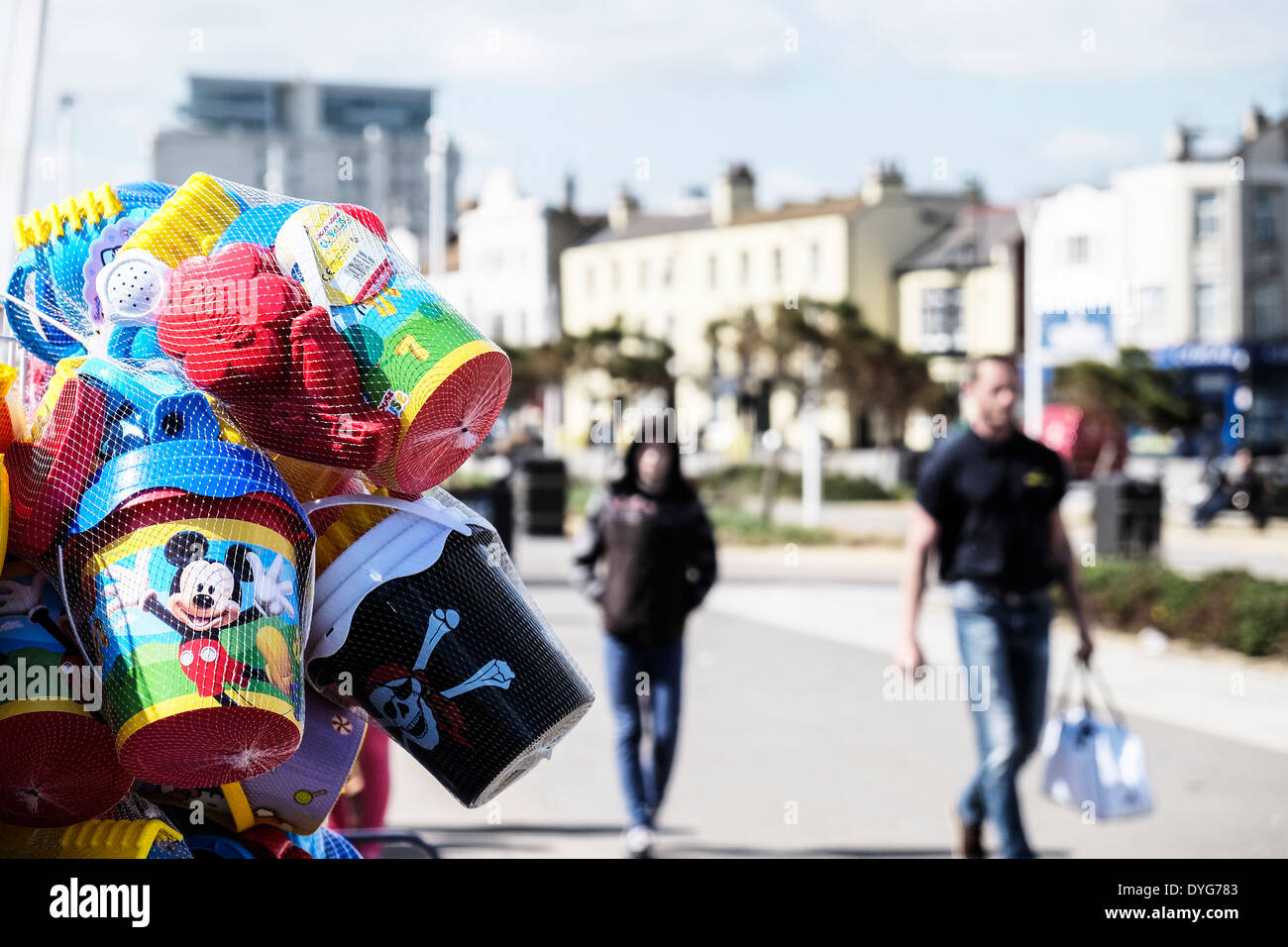 Colourful plastic buckets and spades on sale on Southend seafront Stock