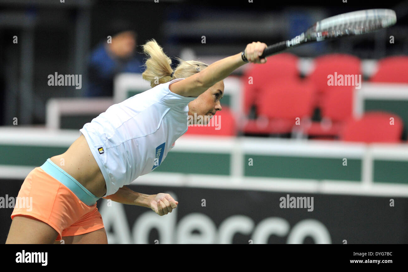 Ostrava, Czech Republic. 17th Apr, 2014. Czech tennis player Klara Koukalova is seen during a training prior to the Fed Cup semifinal match Czech Republic vs Italy in Ostrava, Czech Republic, April 17, 2014. © Jaroslav Ozana/CTK Photo/Alamy Live News Stock Photo