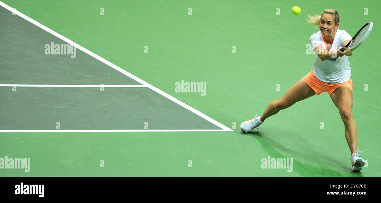 Ostrava, Czech Republic. 17th Apr, 2014. Czech tennis player Klara Koukalova is seen during a training prior to the Fed Cup semifinal match Czech Republic vs Italy in Ostrava, Czech Republic, April 17, 2014. © Jaroslav Ozana/CTK Photo/Alamy Live News Stock Photo