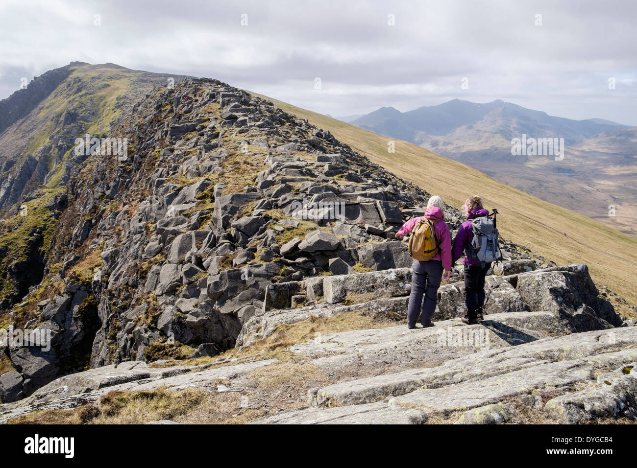Two walkers on Carnedd Moel Siabod ridge with view to the summit in mountains of Snowdonia National Park, Conwy, North Wales, UK Stock Photo