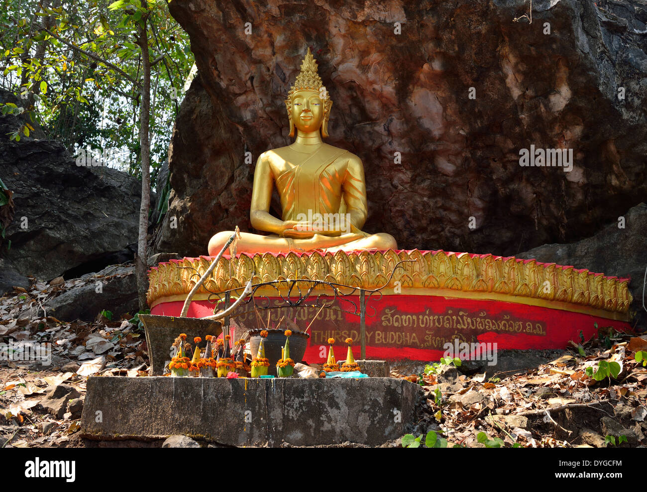 Buddhist gold statues at Mount Phousi,  Luang Prabang, Laos, Stock Photo