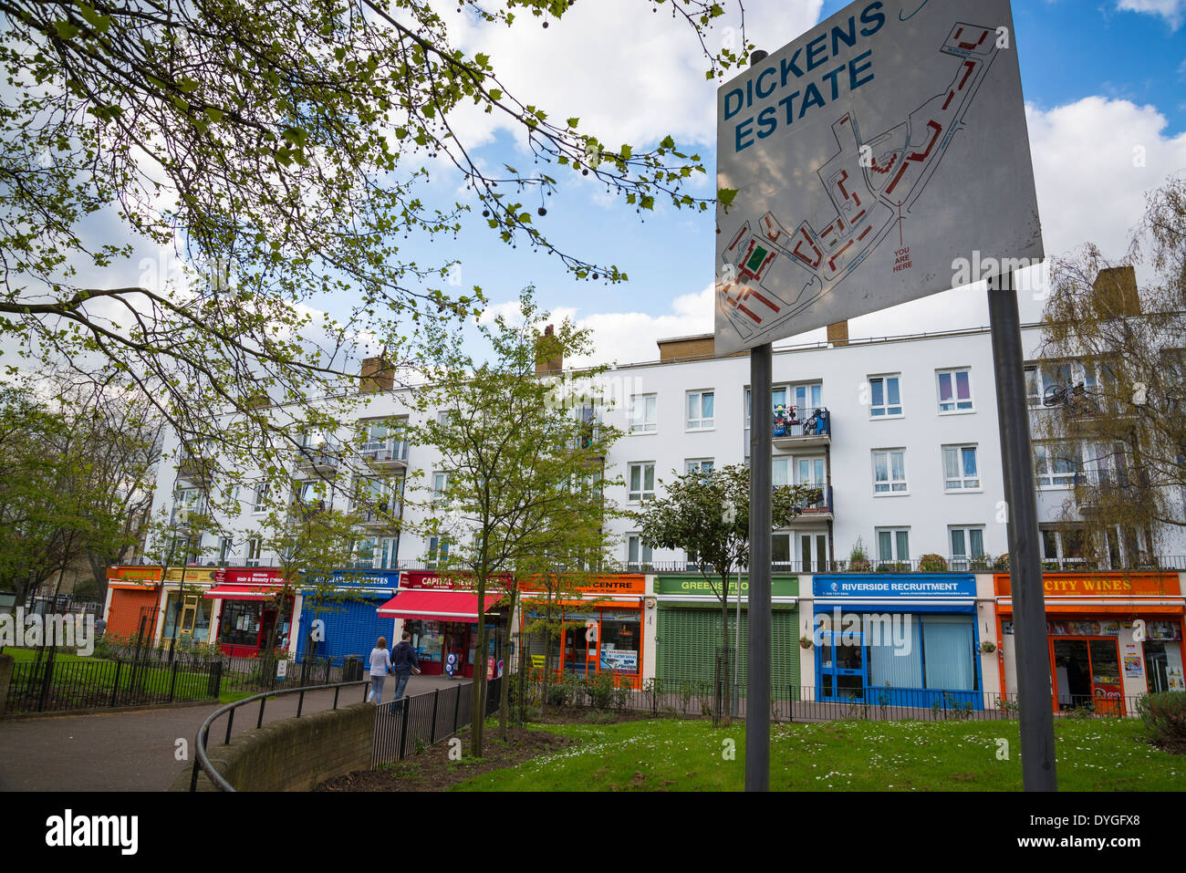 Dickens housing estate, and a row of shops, Bermondsey, Southwark