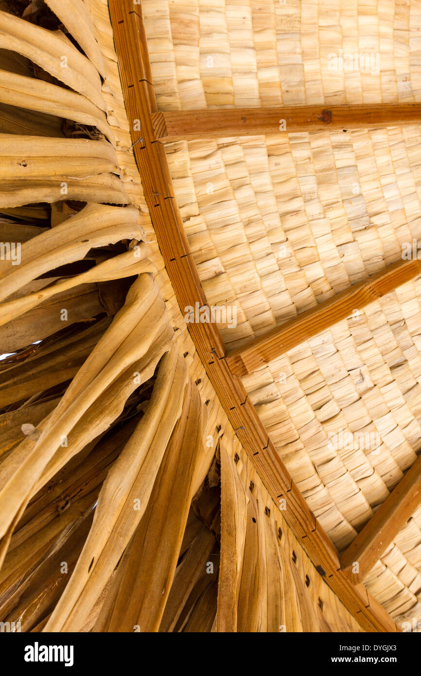 Closeup of round thatched roof hut showing structure of woven palm thatch Stock Photo
