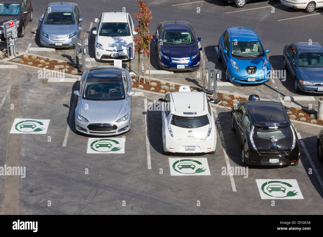 Different types of plug-in electric cars parked at EV charging stations in a company parking lot Stock Photo