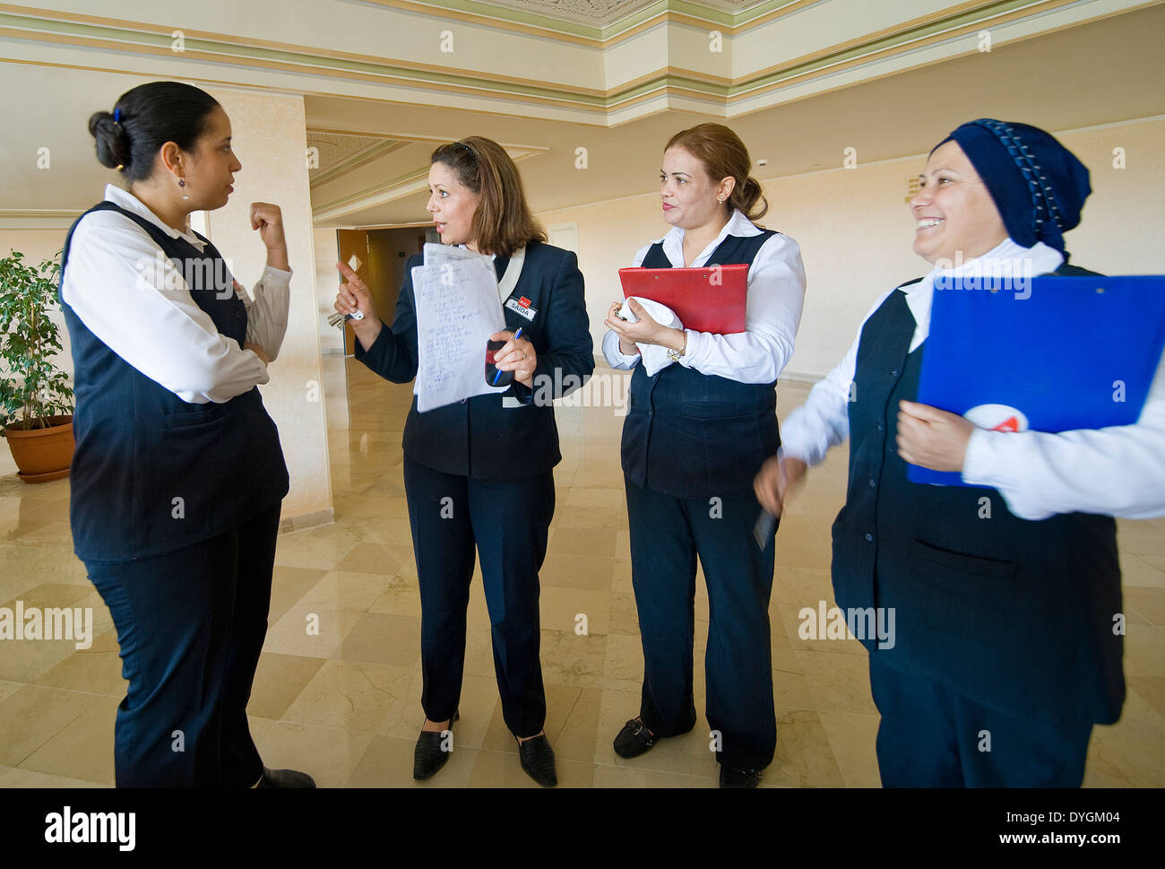 TUNISIA, HAMMAMET:The tourism industry offers lots of jobs,also for women.They work on all levels, like them in Marco Polo Hotel Stock Photo