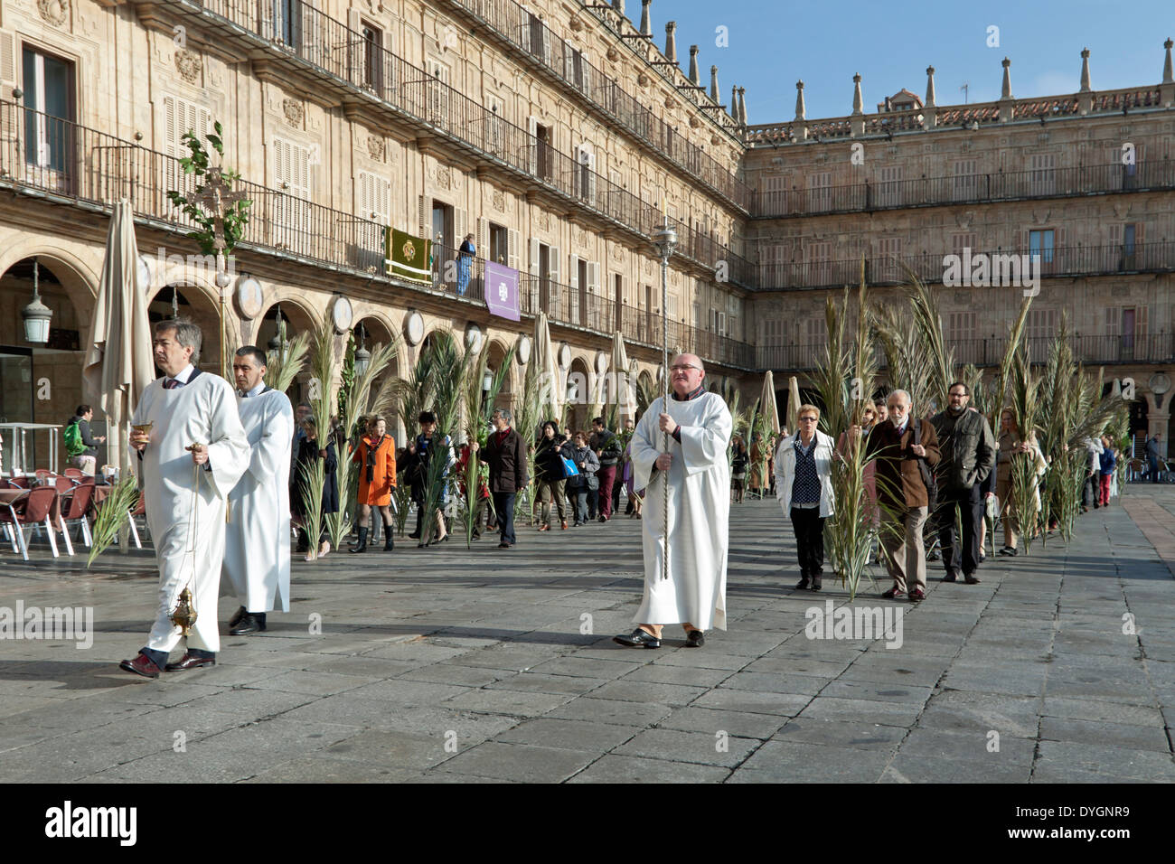 Palm Sunday procession during Semana Santa at the Plaza Mayor in the city center of Salamanca, Castilla y León, Spain. Stock Photo