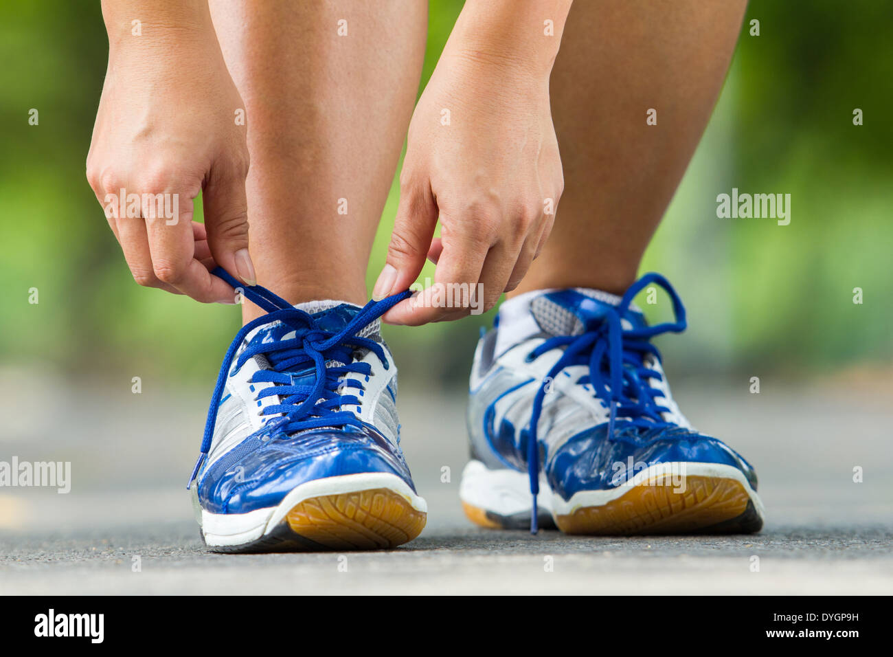 Runner trying running shoes getting ready for jogging Stock Photo