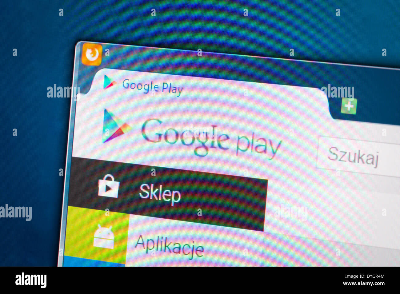 BELCHATOW, POLAND - APRIL 11, 2014: Photo of Google Play social network homepage on a monitor screen. Stock Photo