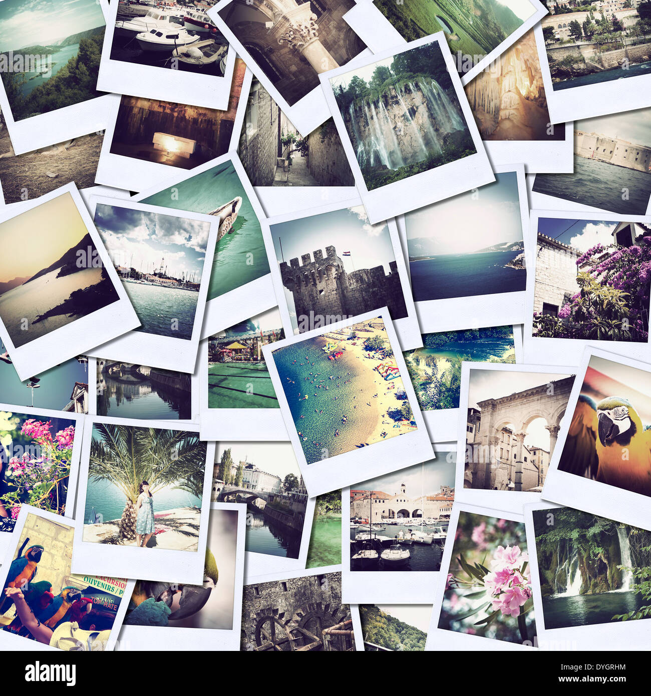 mosaic with pictures of different places and landscapes, snapshots uploaded to social networking services Stock Photo