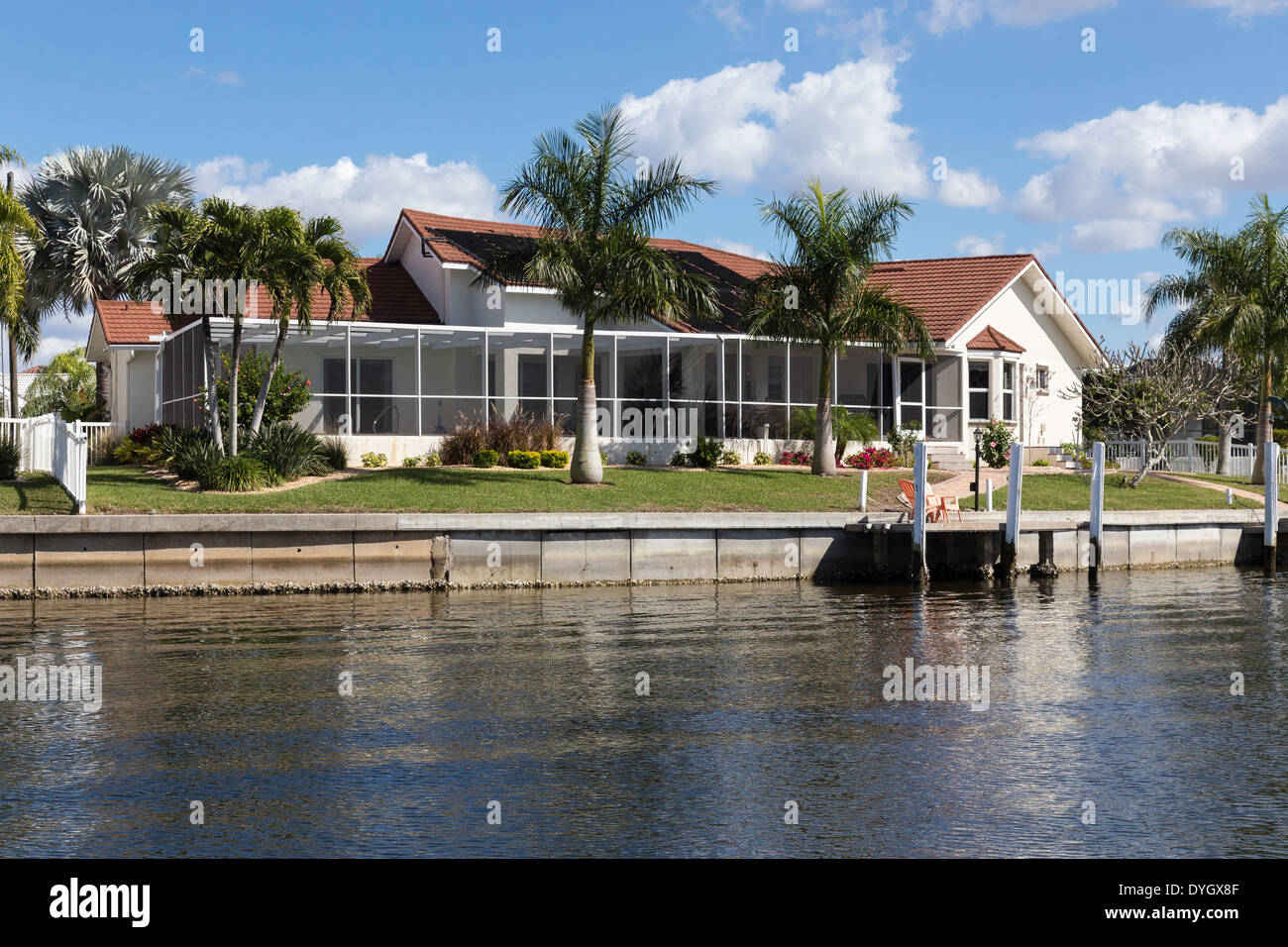 Luxury Residential Canal Front Home with Screened in Pool Deck and Private Dock,, Punta Gorda, FL, USA Stock Photo
