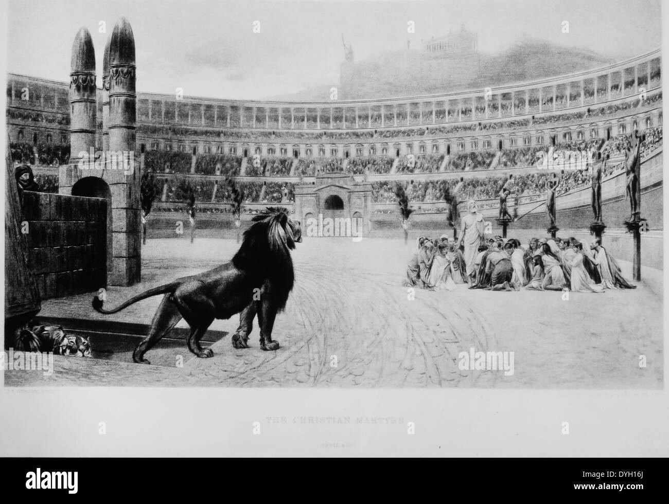 Lion and Christian Martyrs, Colosseum, Rome, Italy, 19th Century Engraving Stock Photo