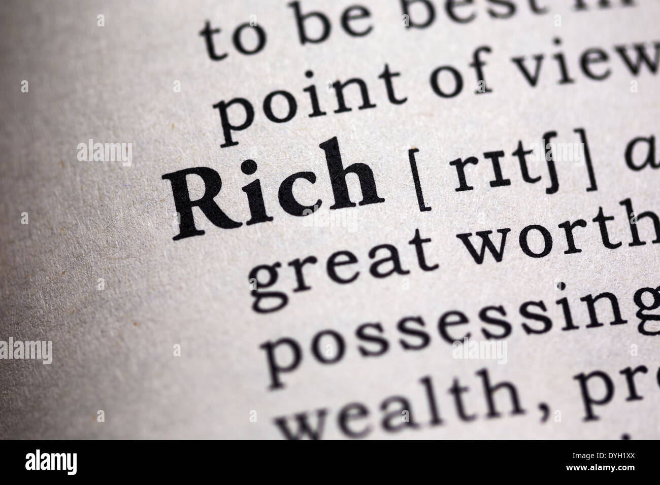 Fake Dictionary, Dictionary definition of the word rich. Stock Photo