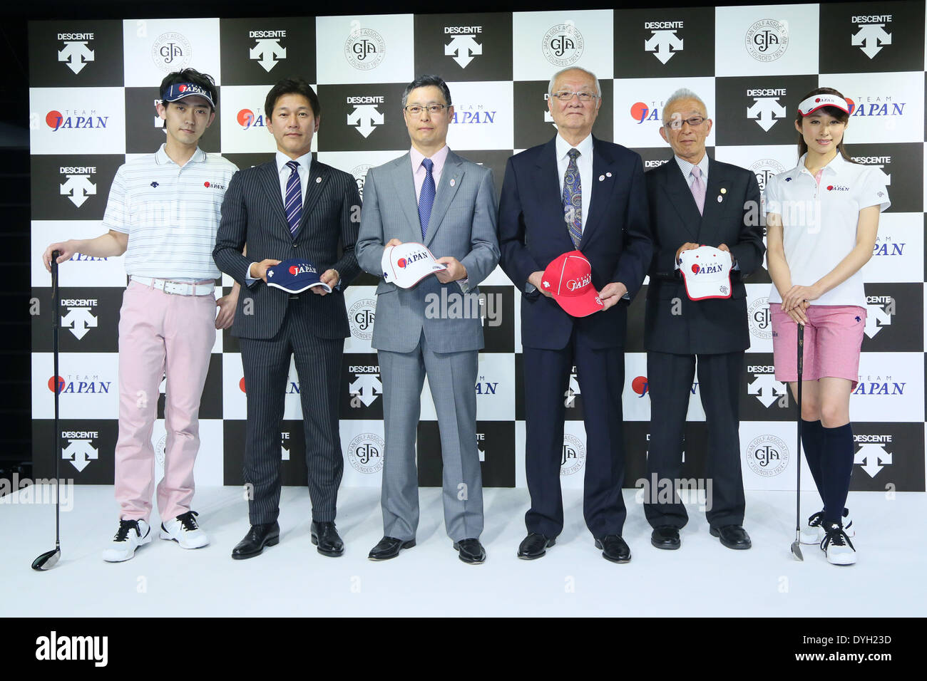 (L-R) Hajime Takechi, Masatoshi Ishimoto, Takayuki Anzai, Keiji Nagata, APRIL 17, 2014 : A press conference about Japanese sports brand DESCENTE at Tokyo, Japan. DESCENTE made an official supplier agreement with Japan Golf Association (JGA) and started their new brand 'DESCENTE GOLF'. Credit:  Yohei Osada/AFLO SPORT/Alamy Live News Stock Photo