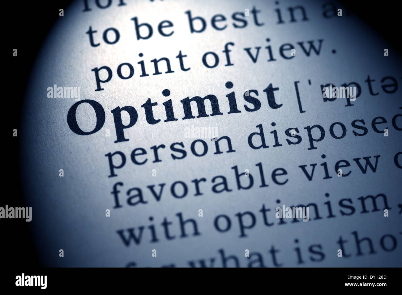 Fake Dictionary, Dictionary definition of the word optimist. Stock Photo