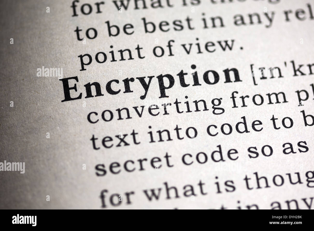Fake Dictionary, Dictionary definition of the word encryption. Stock Photo