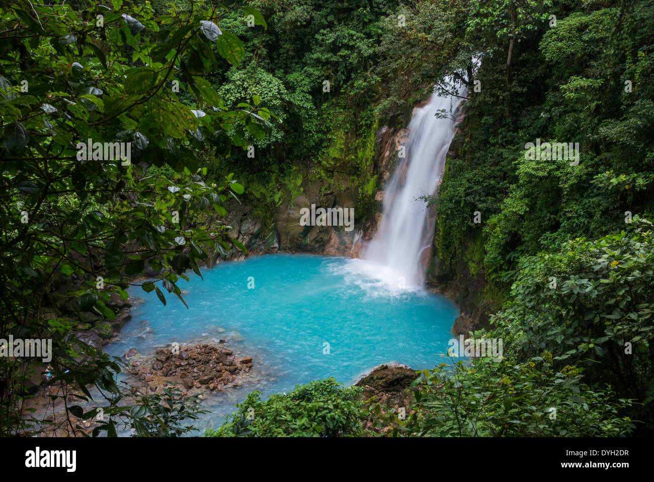 Signature turquoise blue water at the waterfall of the Rio Celeste, Tenorio Volcano National Park, Costa Rica. Stock Photo