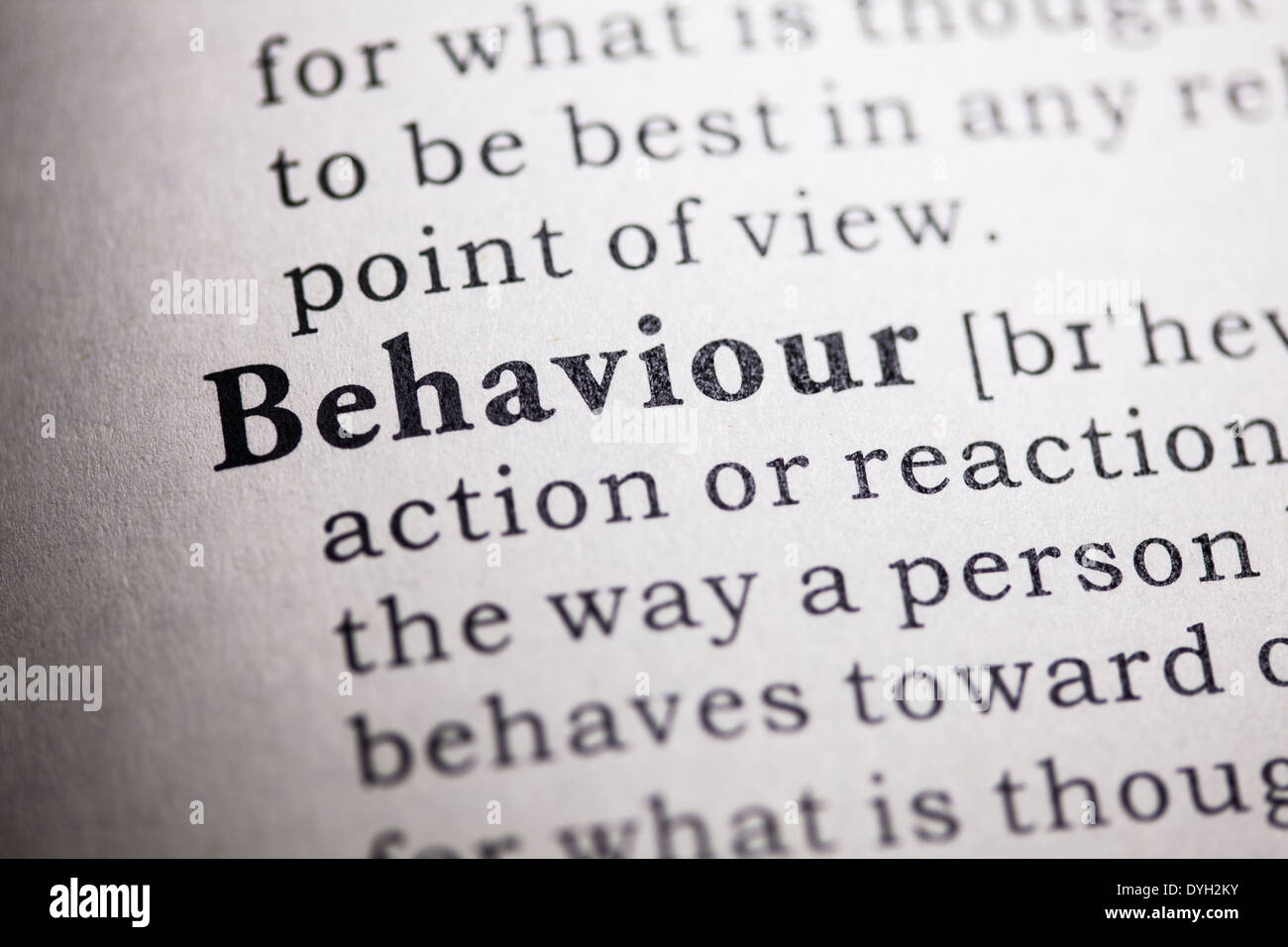 Fake Dictionary, Dictionary definition of the word behaviour. Stock Photo
