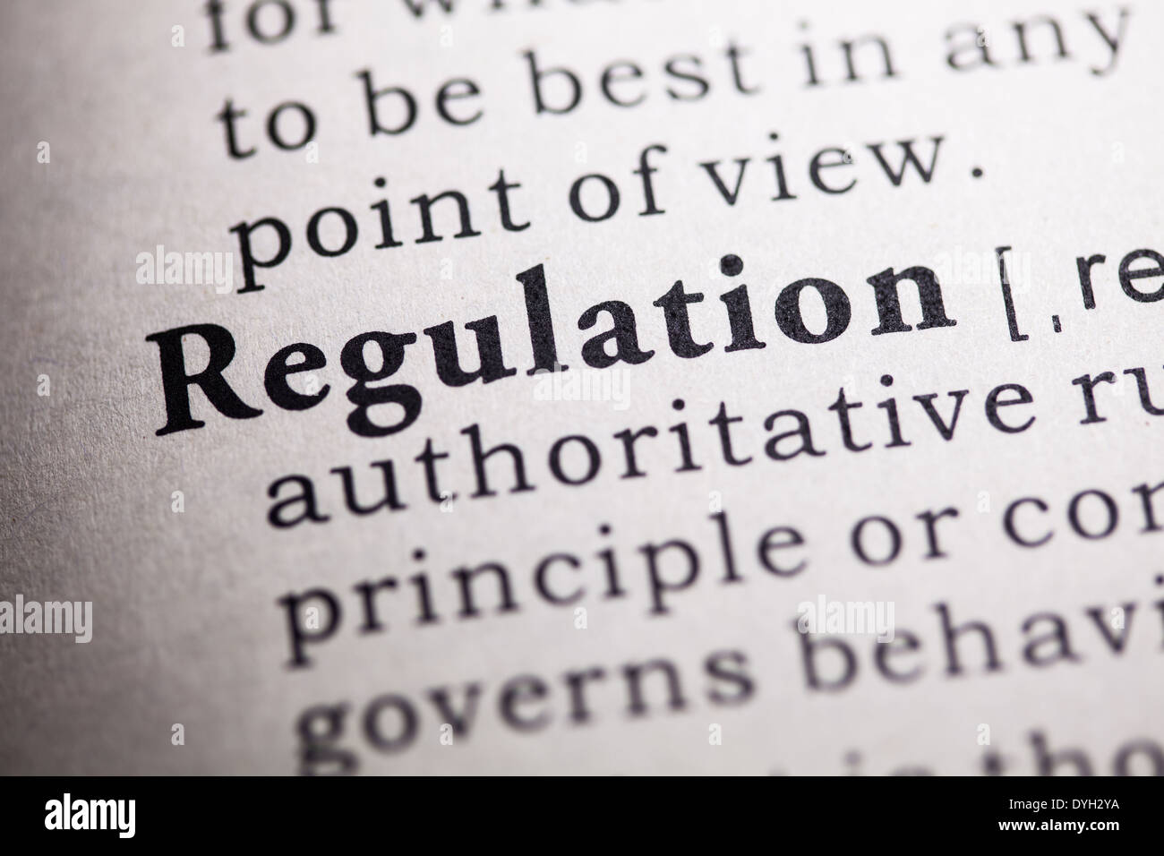 Fake Dictionary, Dictionary definition of the word regulation. Stock Photo
