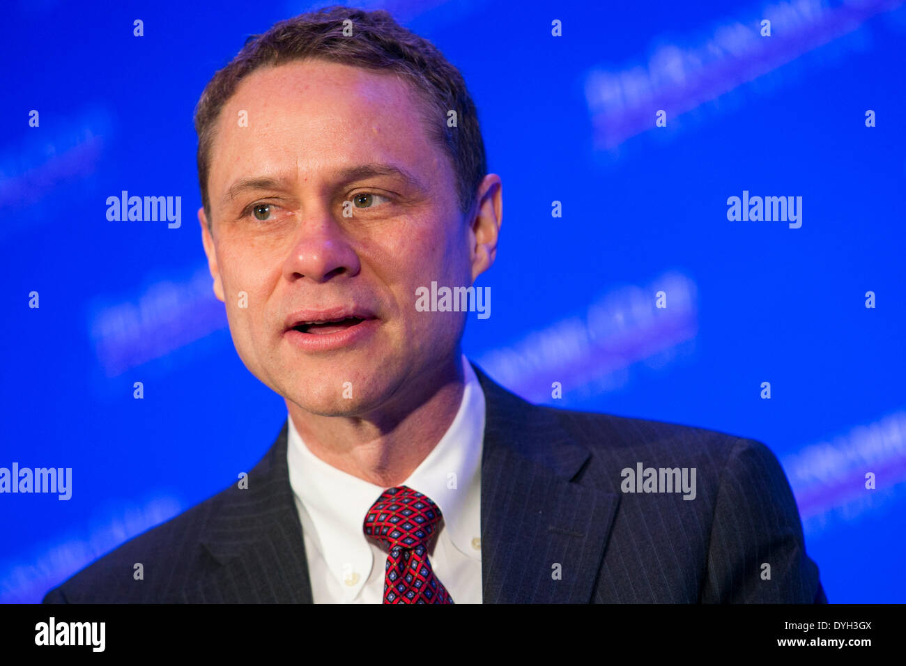 Washington DC, USA . 17th Apr, 2014. Wes Bush, Chairman, CEO and President, Northrop Grumman Corporation, is interviewed during an Economic Club of Washington event in downtown Washington, DC on April 17, 2014. Credit:  Kristoffer Tripplaar/Alamy Live News Stock Photo