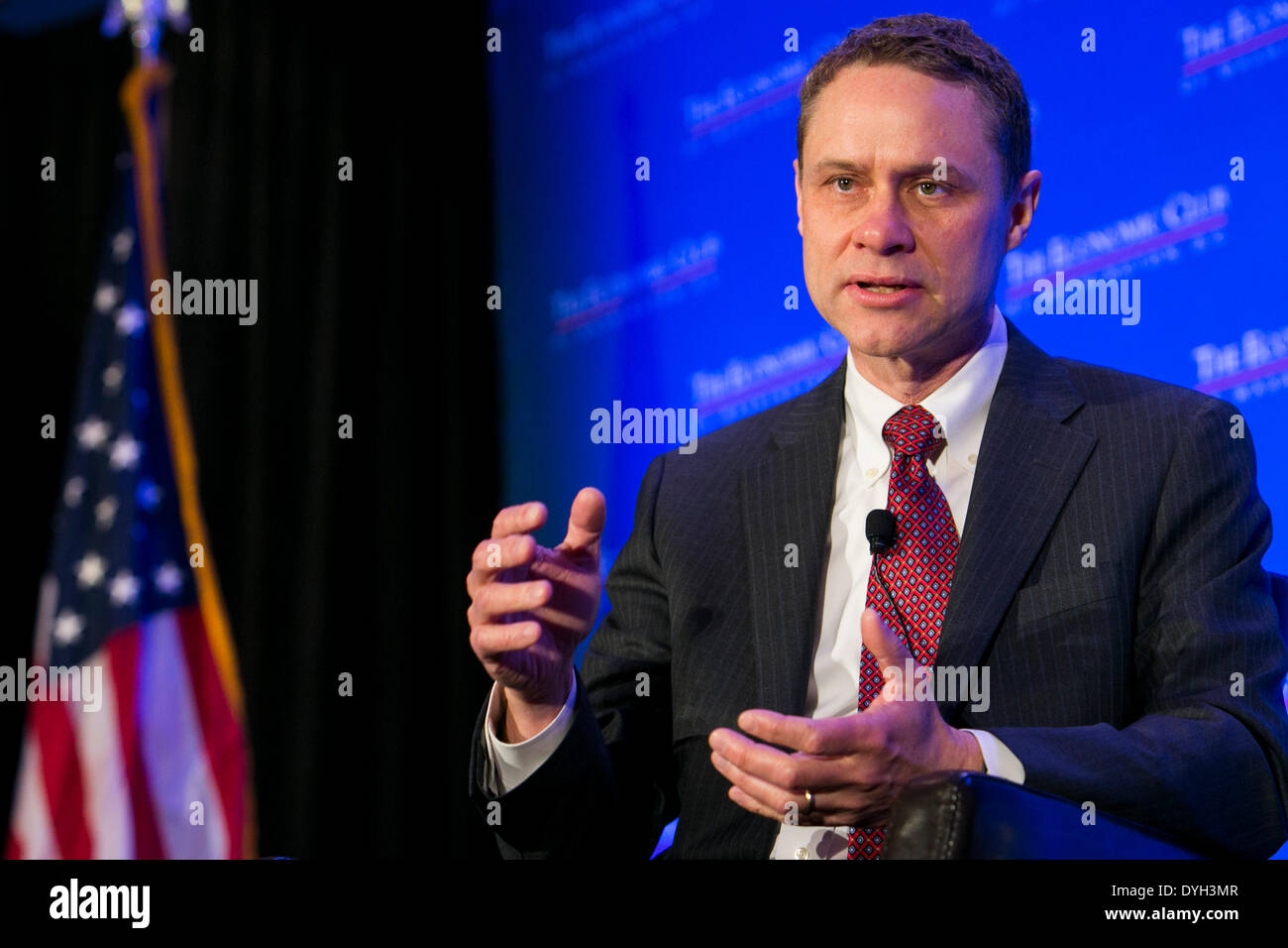 Washington DC, USA . 17th Apr, 2014. Wes Bush, Chairman, CEO and President, Northrop Grumman Corporation, is interviewed during an Economic Club of Washington event in downtown Washington, DC on April 17, 2014. Credit:  Kristoffer Tripplaar/Alamy Live News Stock Photo