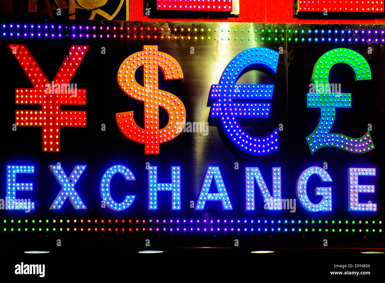 Neon Money Exchange shop sign, Hong Kong, China. Stock Photo