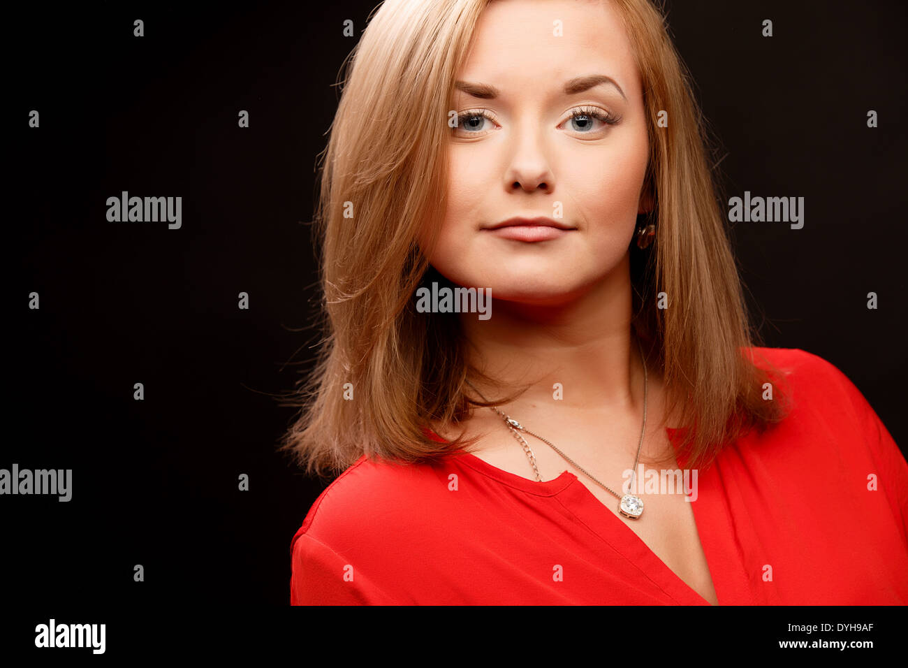 business woman in red blouse Stock Photo