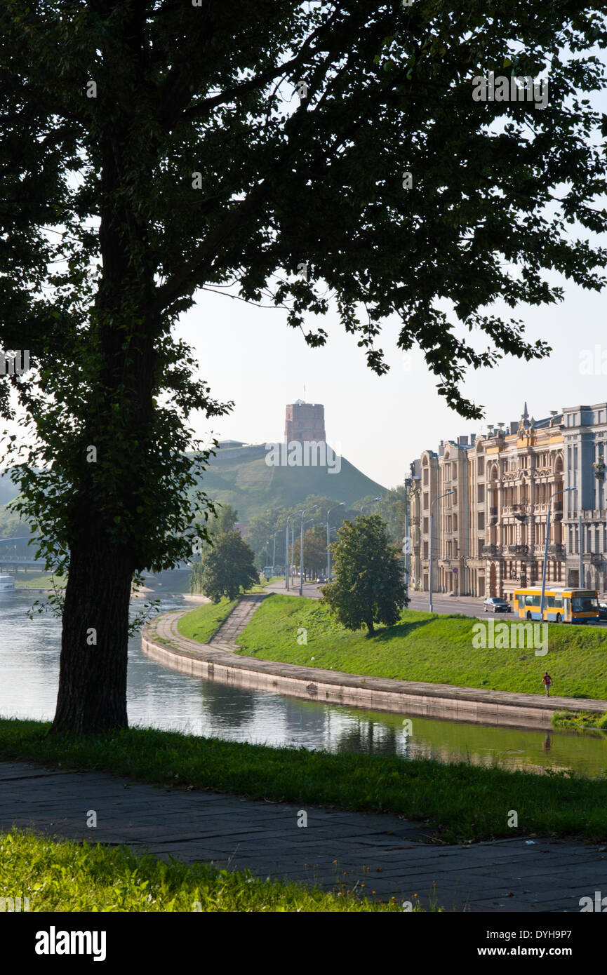 The castle of Gediminas stands on a hill overlooking the river Neris in Vilnius, capital of Lithuania. Stock Photo
