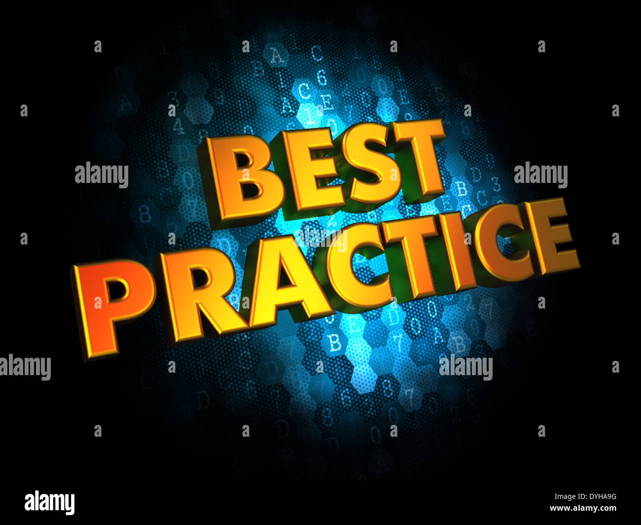 Best Practice Golden Color Text on Dark Blue Digital Background Stock