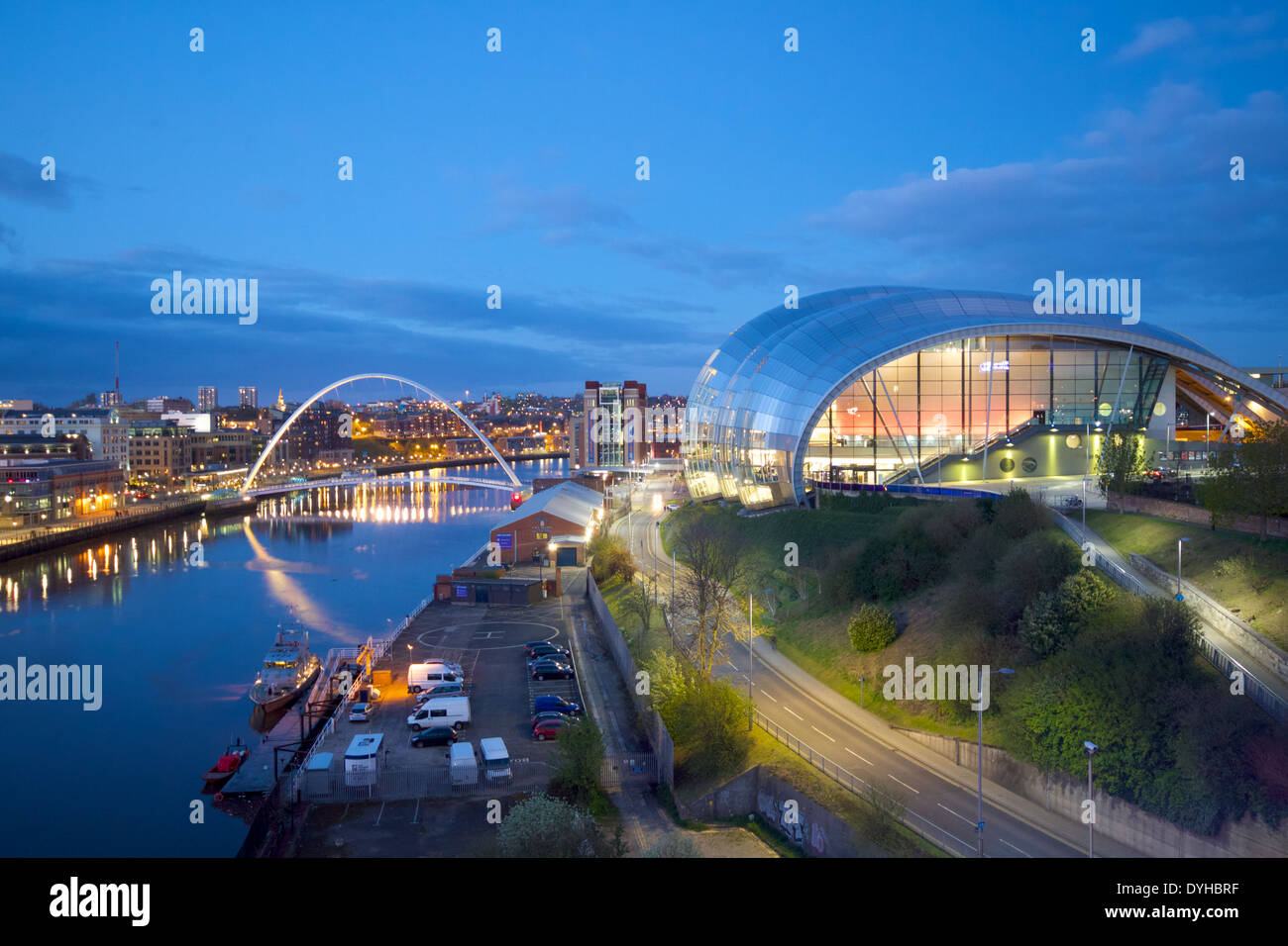 Gateshead Millennium Bridge and Sage Centre captured at dusk, Tyne and Wear Stock Photo
