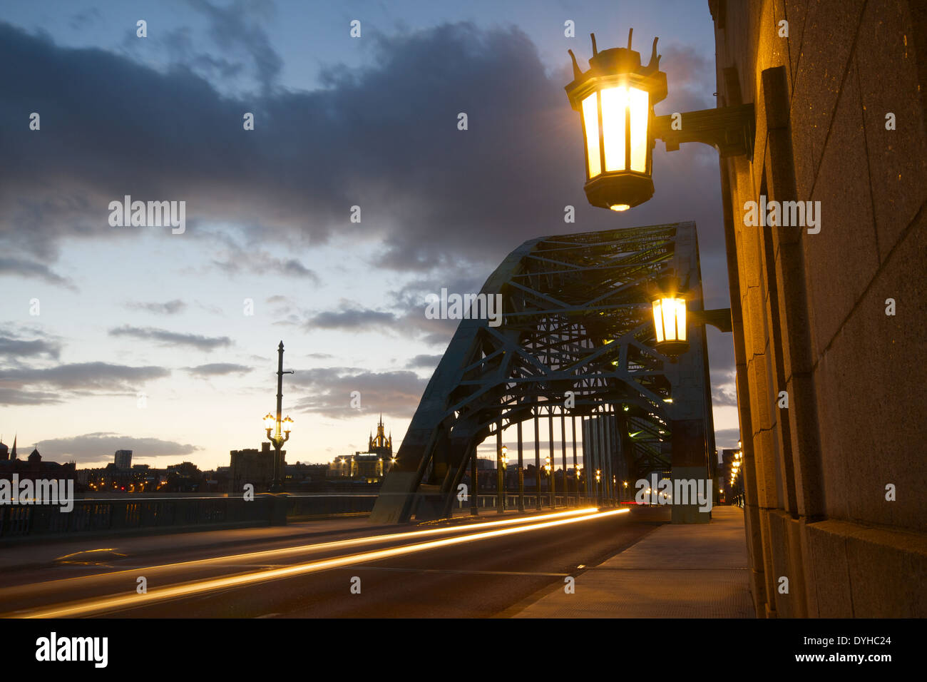 Traffic light trails moving over the Tyne Bridge between Newcastle and Gateshead, Tyne and Wear