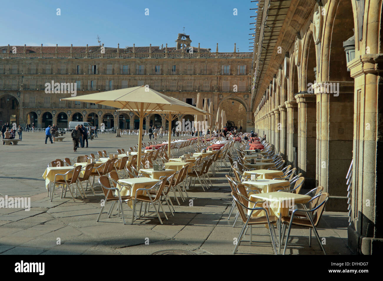 Salamanca, Castilla y León, Spain: The picturesque Plaza Mayor is typically bustling with activity. Stock Photo