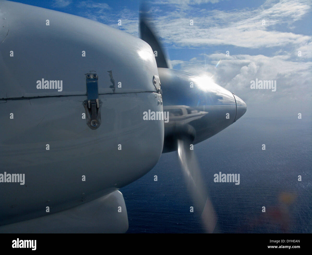 small airplane nine passenger reflection engine propeller over Puerto Rico Stock Photo