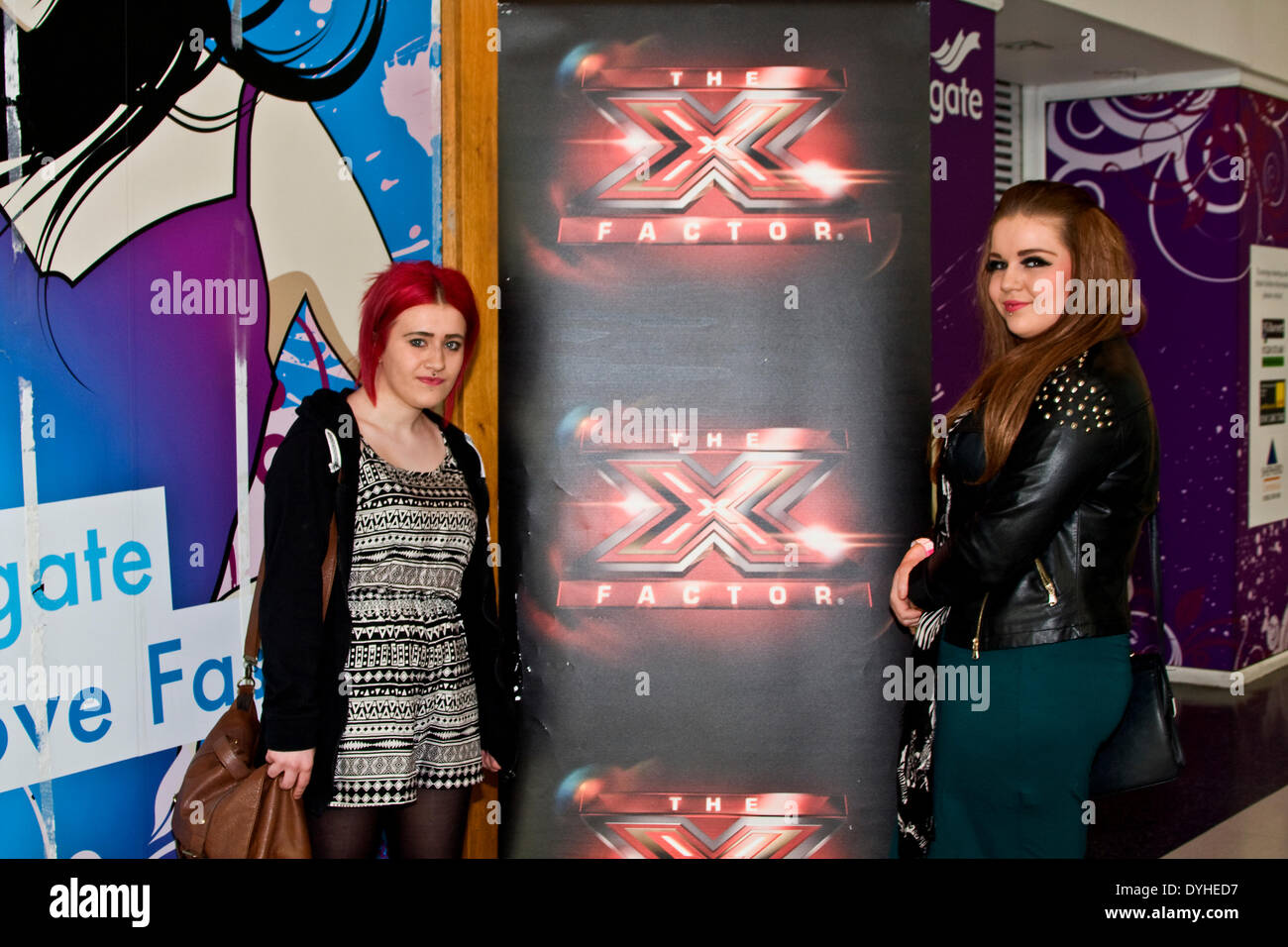 Dundee, Scotland, UK. 18th April, 2014. X Factor Auditions Wellgate Shopping Centre. This is Mobile Audition Tour on a come first served basis. This year The X Factor auditions will be visiting a massive 43 towns and cities across the country. Rebecca Ferguson joins Simon Cowell & Cheryl Cole are on the hunt for the next pop superstar. Credit:  Dundee Photographics / Alamy Live News Stock Photo