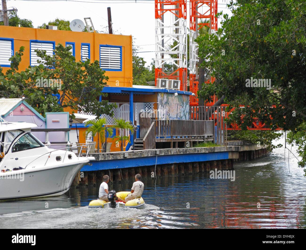 Isla Culebra Puerto Rico USA territory two men in dingy in canal Stock Photo