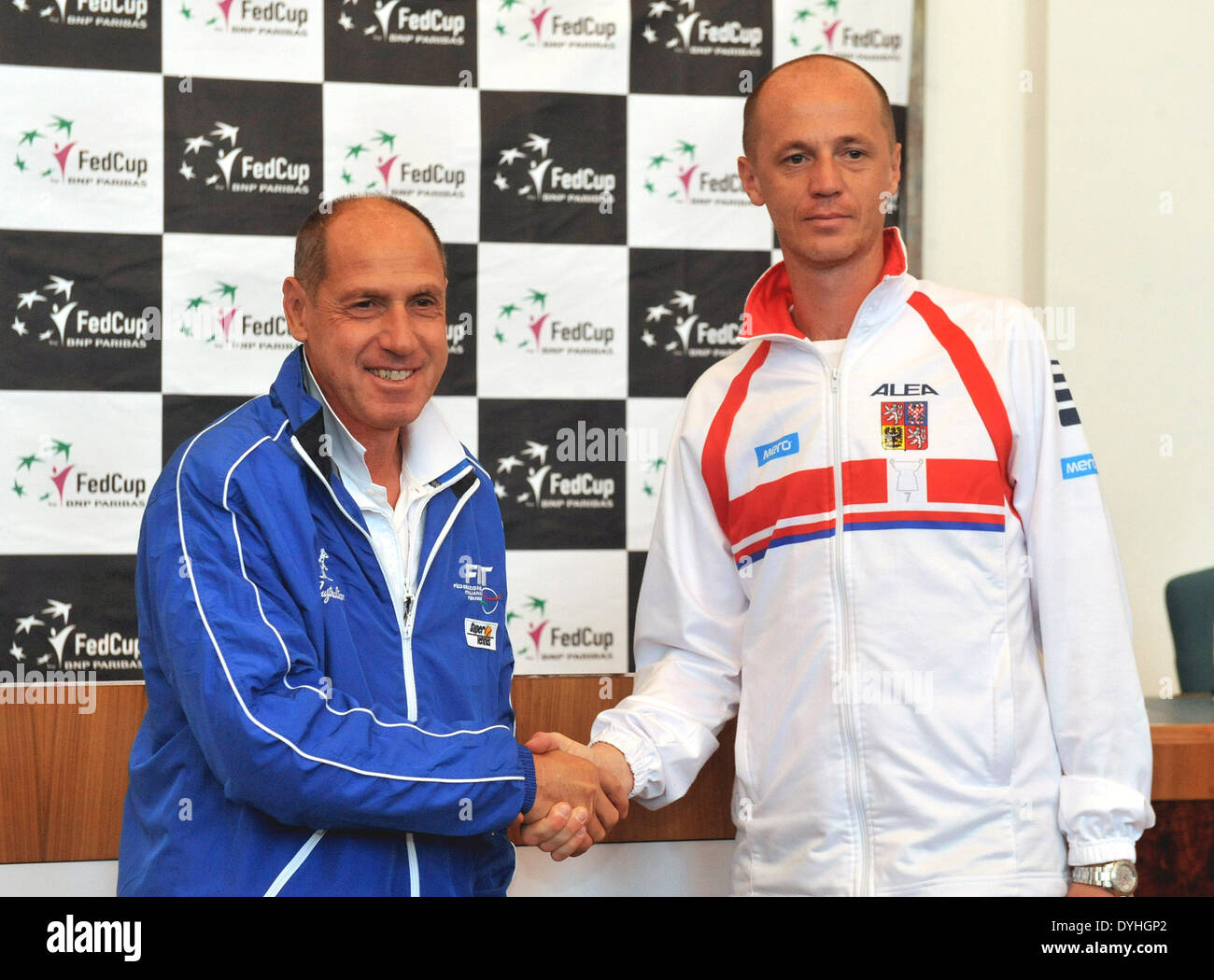 Ostrava, Czech Republic. 18th Apr, 2014. From left: Italian non playing tennis captain Corrado Barazzutti and Czech Petr Pala are seen during the drawing for the semifinal match of the Fed Cup Czech Republic vs. Italy in Ostrava, Czech Republic, April 18, 2014. The Czech Republic-Italy Fed Cup match will start on Saturday, April 19. © Jaroslav Ozana/CTK Photo/Alamy Live News Stock Photo