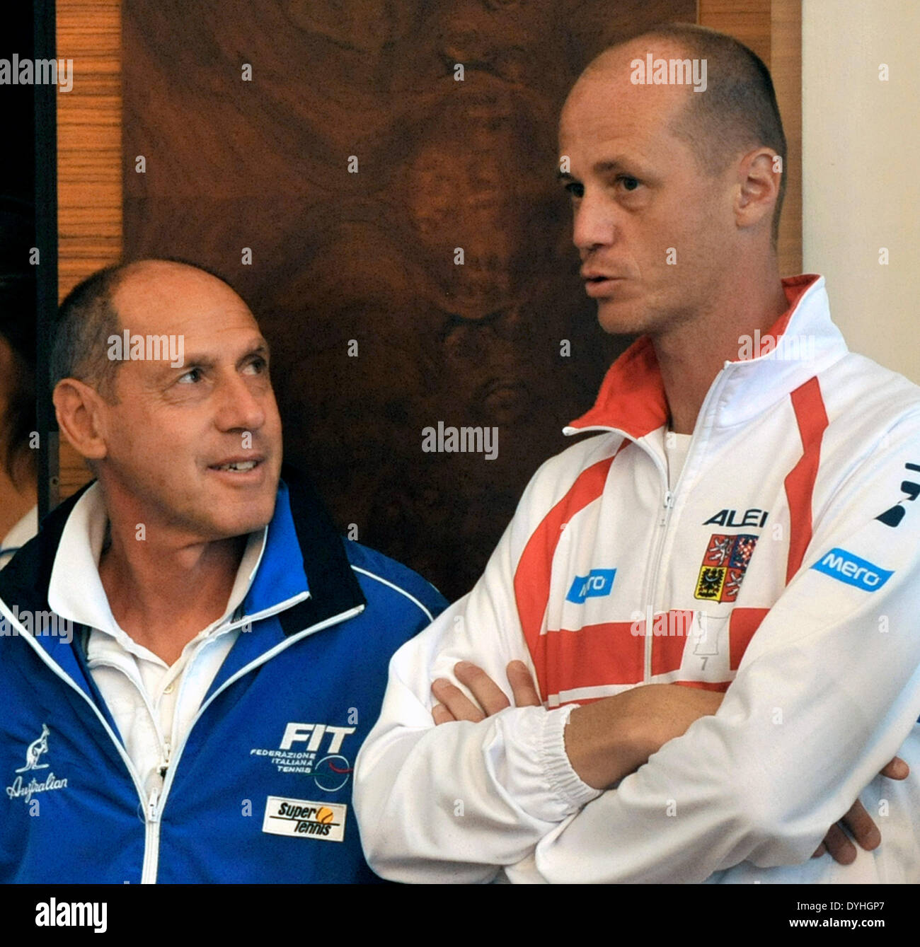 Ostrava, Czech Republic. 18th Apr, 2014. From left: Italian non playing tennis captain Corrado Barazzutti and Czech Petr Pala are seen during the drawing for the semifinal match of the Fed Cup Czech Republic vs. Italy in Ostrava, Czech Republic, April 18, 2014. The Czech Republic-Italy Fed Cup match will start on Saturday, April 19. © Jaroslav Ozana/CTK Photo/Alamy Live News Stock Photo