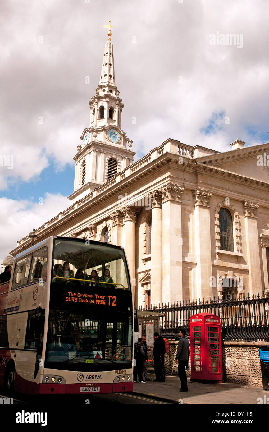 London tour bus at St Martin in the Field Church, Trafalgar Square, London UK Stock Photo