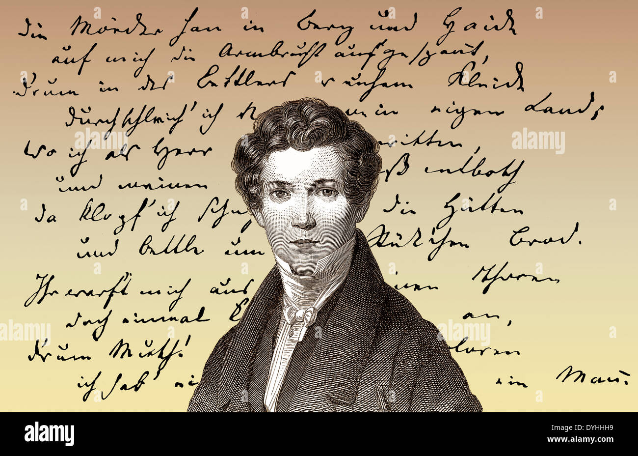 Historical manuscript and portrait of Wilhelm Hauff, 1802 - 1827, a German writer of the Romantic era Stock Photo