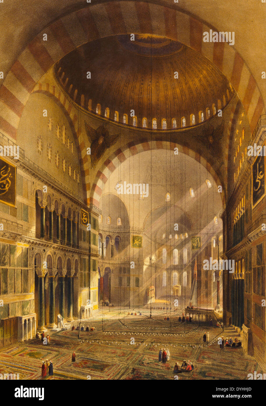 L'intérieur de la mosquée, avant sa restauration - nave of Ayasofya Mosque, formerly the Church of Hagia Sophia, facing east, before restoration; with groups of men in traditional dress. 1852 Stock Photo