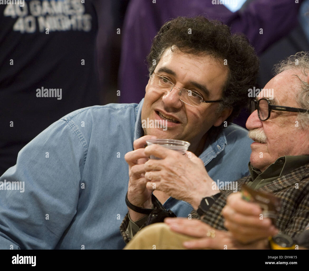 May 13, 2009 - Los Angeles, CALIFORNIA, USA - FILE PHOTO. Author Gabriel  Garcia Marquez, right, and his son Rodrigo, attend Game 5 of the Western  Conference Semifinals of the 2009 Playoffs, image size:1300x1139