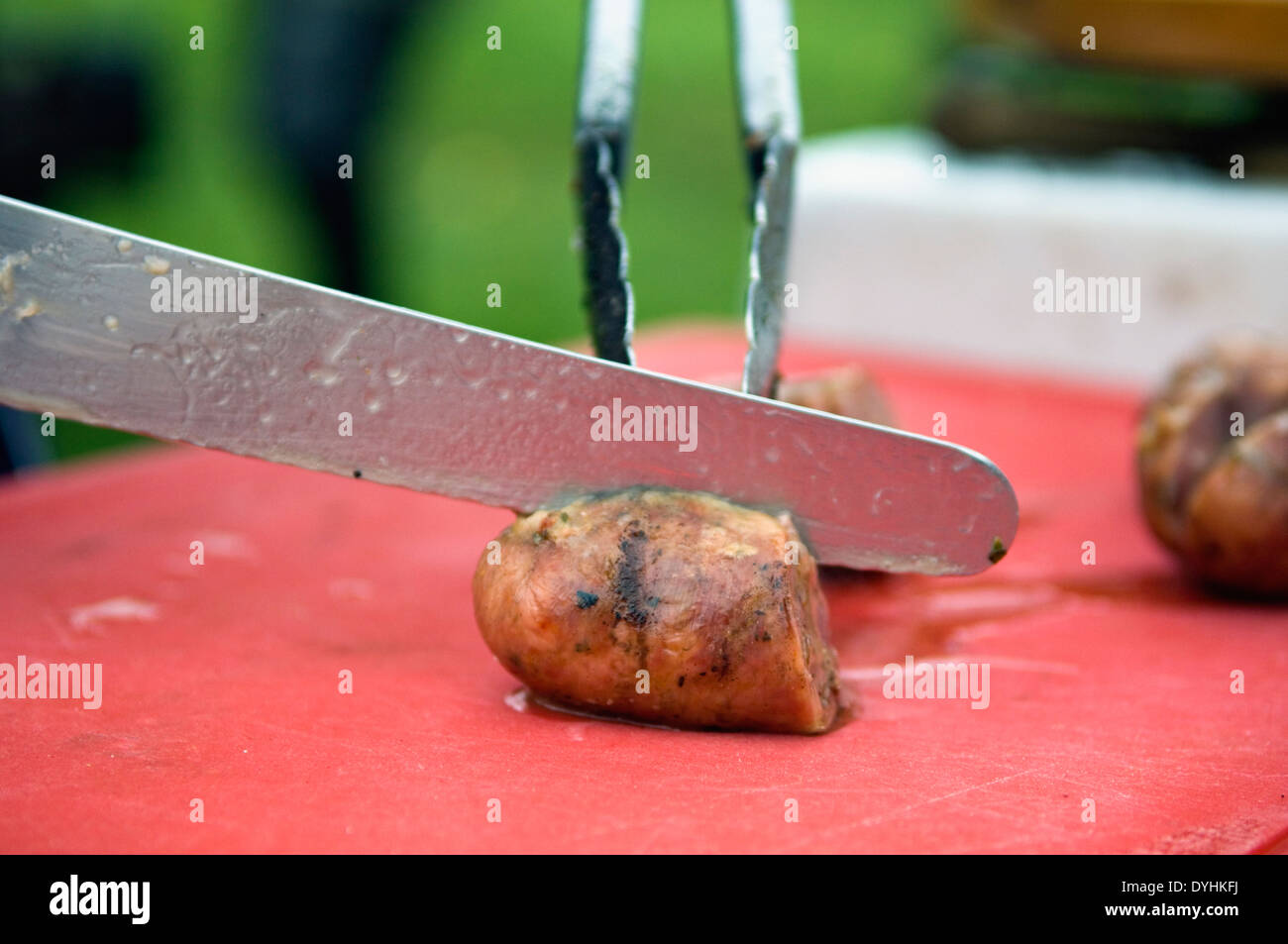 Sausage Being Sliced for Lunch in the Field at Jacana Lodge in the Rio Negro Province of Argentina Stock Photo