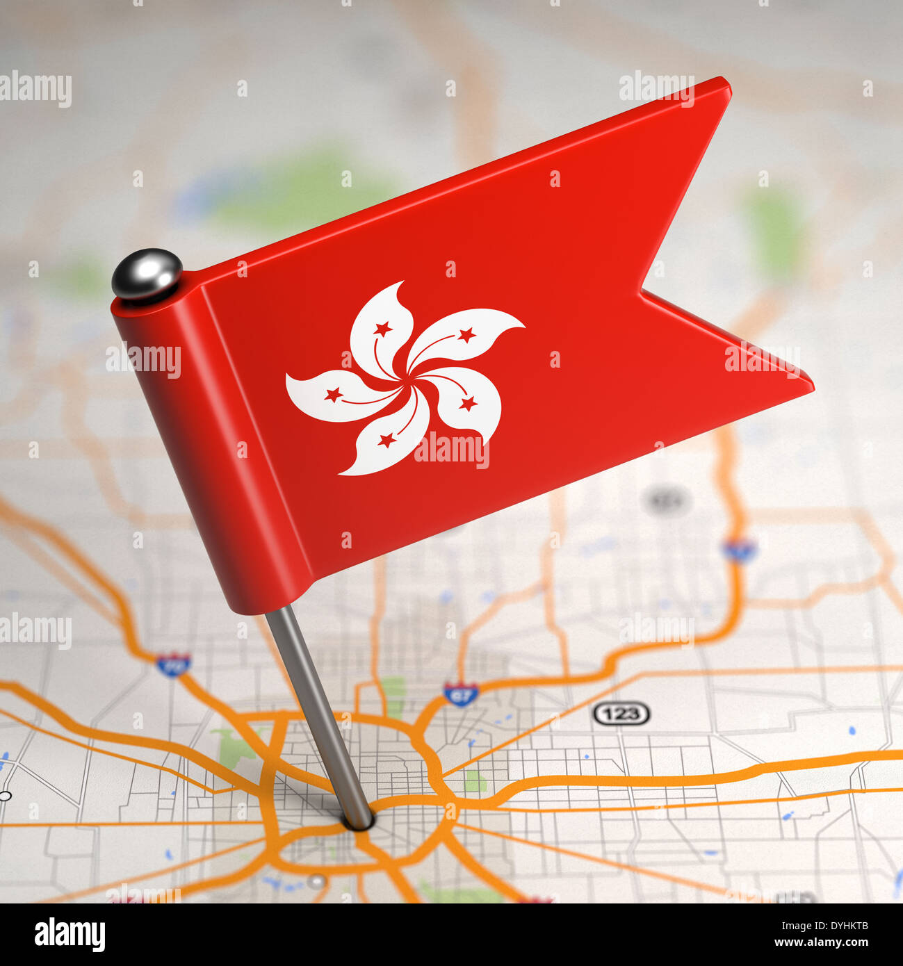 Hong Kong Small Flag on a Map Background. Stock Photo