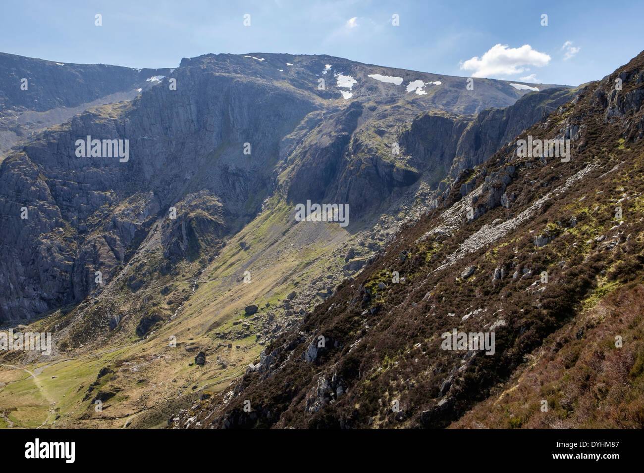 Cwm Idwal and Devils Kitchen path to Glyder Fawr with Idwal slabs seen from Y Garn in mountains of Snowdonia Ogwen Wales UK Stock Photo