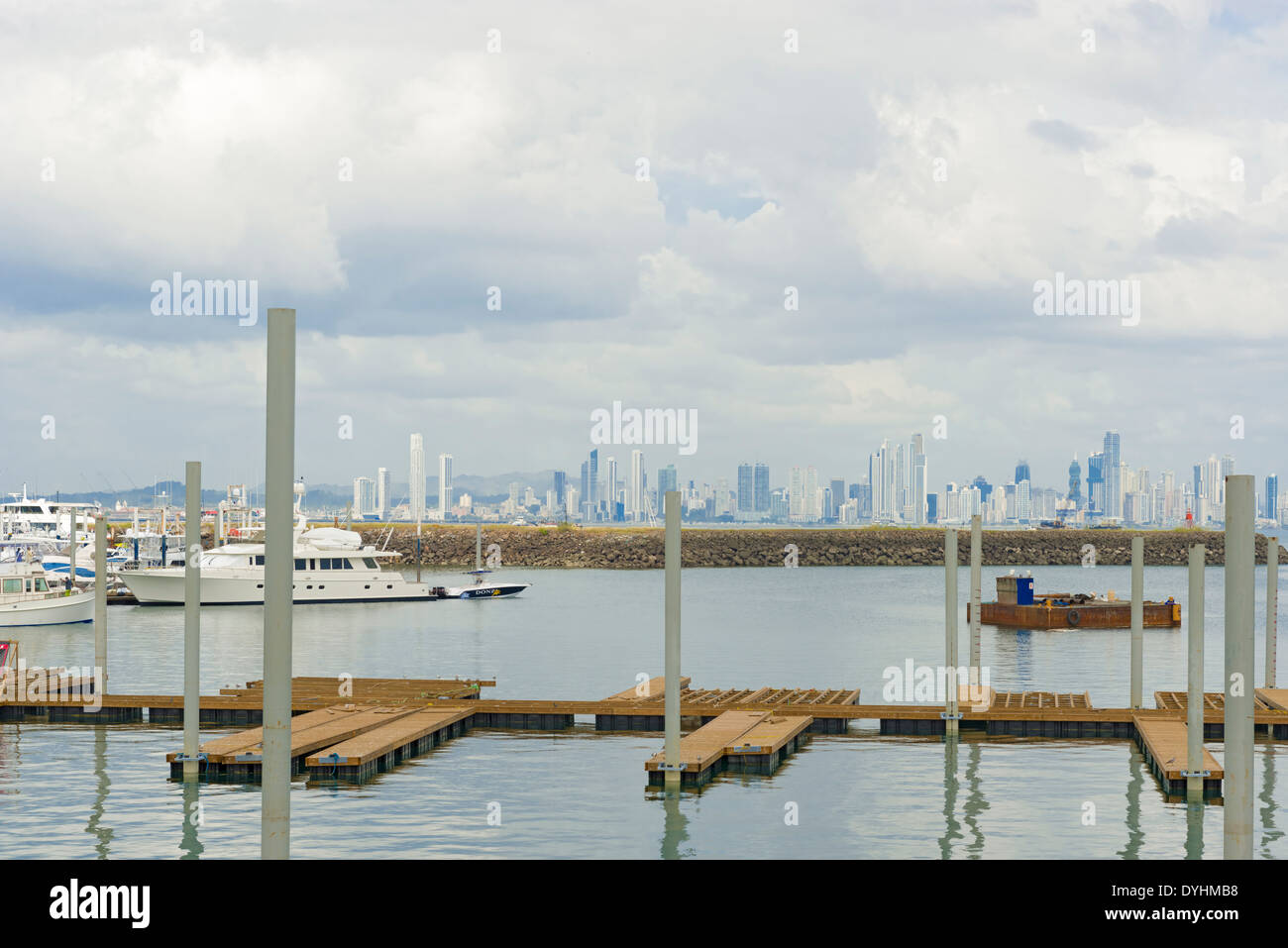 Panam City skyscrapers skyline on sunny day in January 2, 2014. View from marina on Flamenco Island. Stock Photo