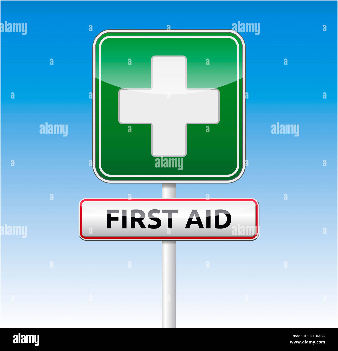 First aid traffic sign with text on blue sky background. Stock Photo